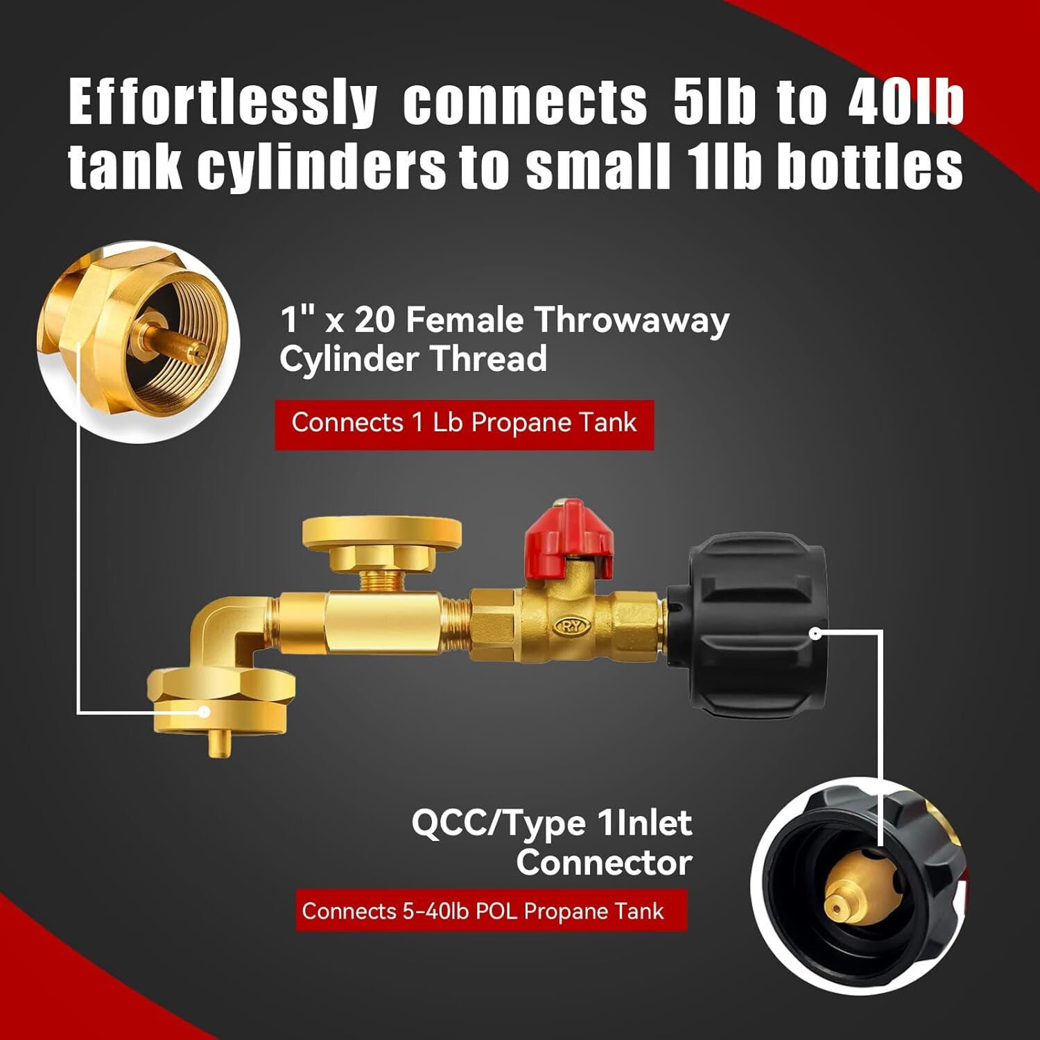 Propane Refill Adapter with Valve and Gauge Fill 1 Lb Bottle From 20 Lb Tank 90°