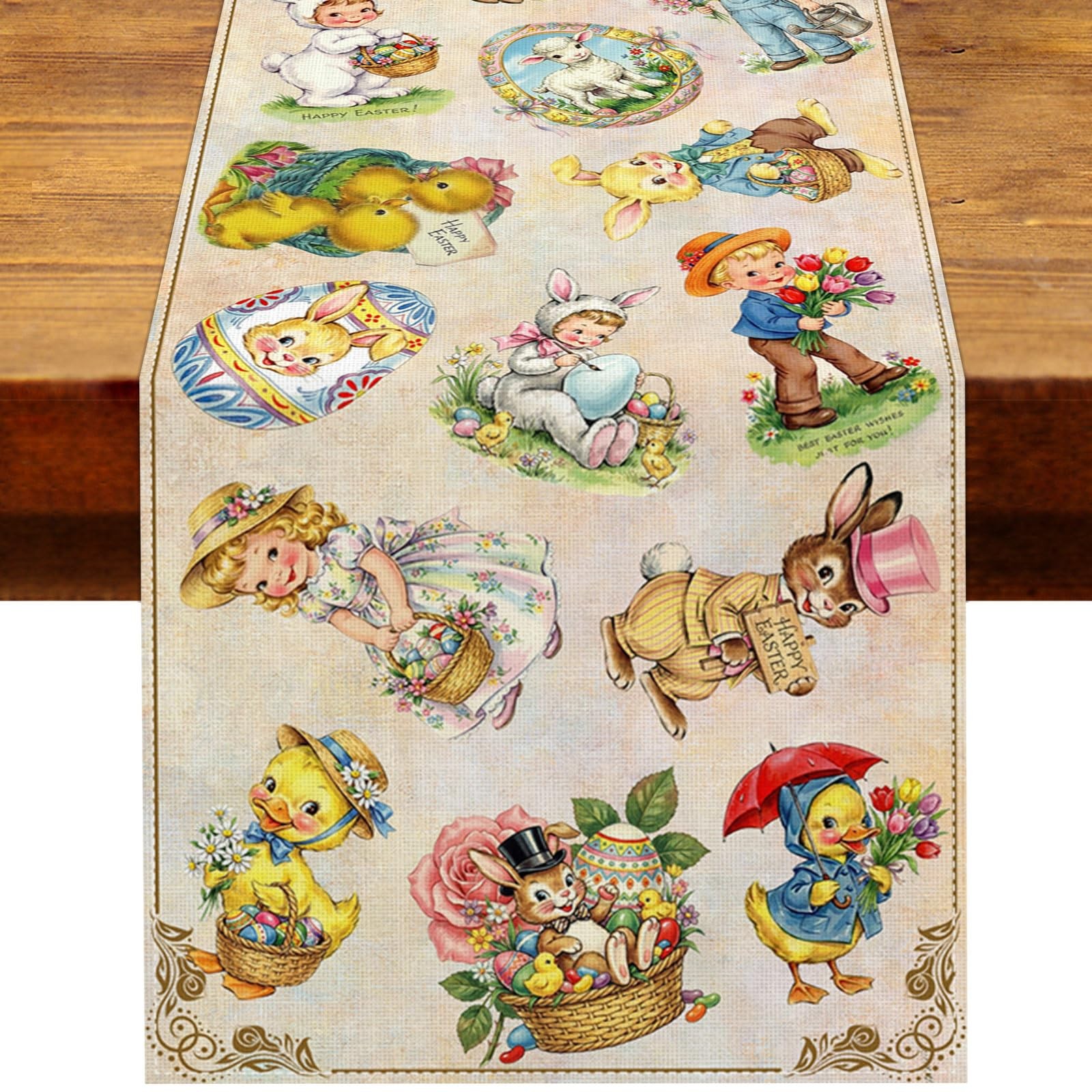 Vintage Easter Table Runner Spring Retro Bunny Duck Children's Baby Shower Party