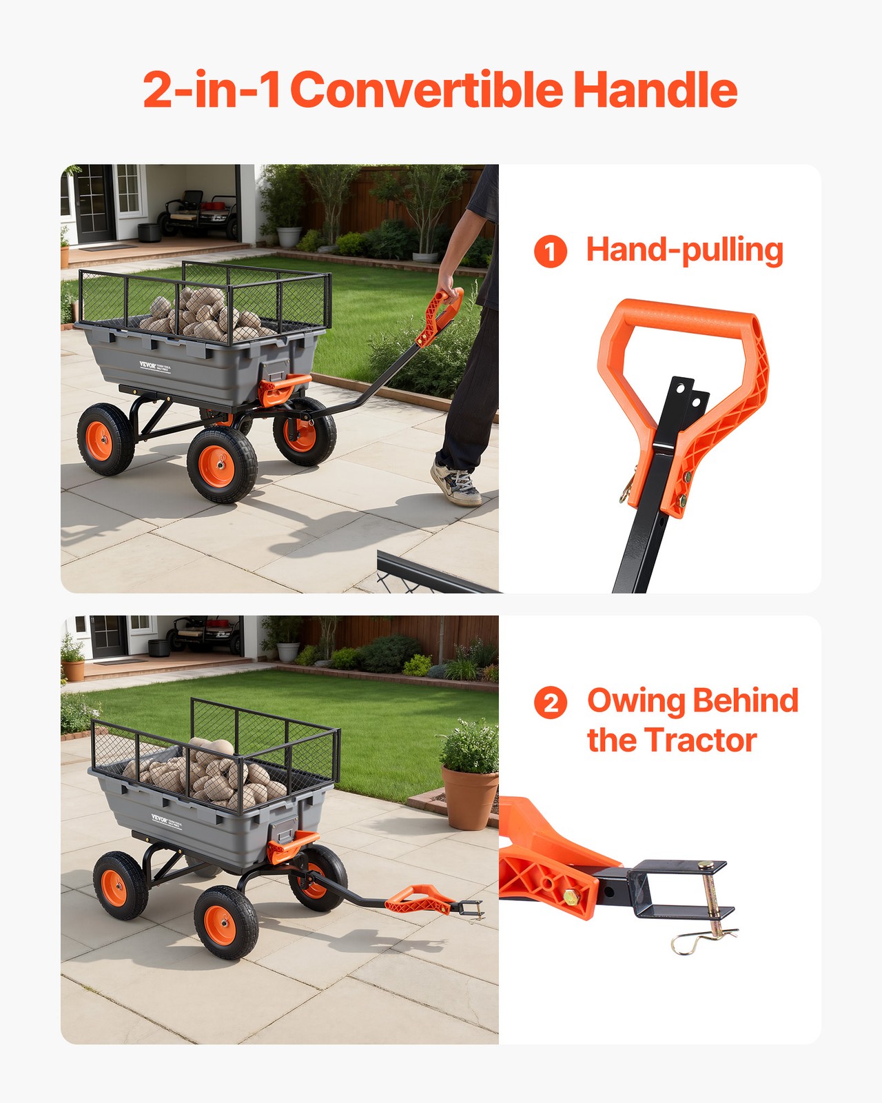 VEVOR Garden Dump Cart 1200lbs Poly Dump Cart with 2-in-1 Handle & Storage Fence