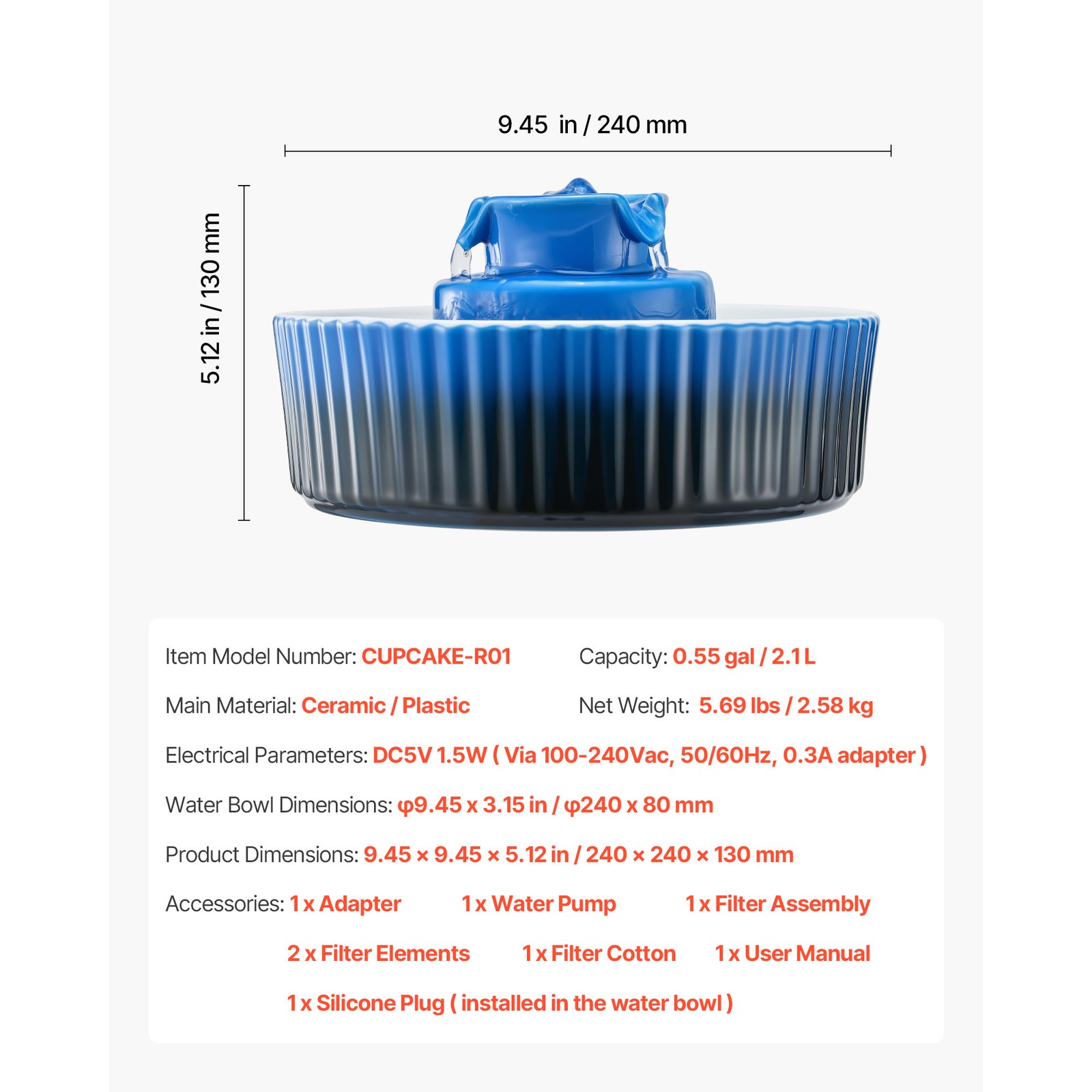 Ceramic Cat Water Fountain 2.1L/71oz Cupcake Pet Fountain for Cats & Dogs