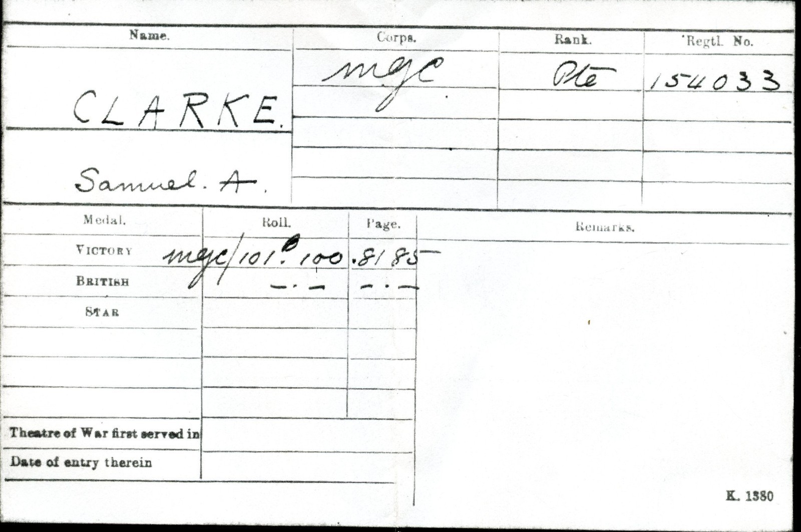 WW1 Victory Medal 1914-19 To Pte Samuel A Clarke, Machine Gun Corps ( wounded)