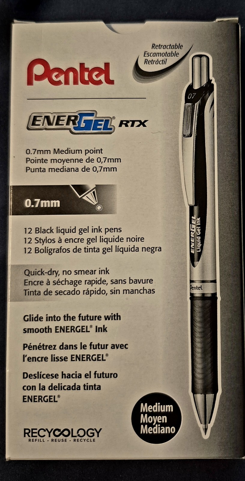 Box of 12, Black Pentel EnerGel Deluxe RTX 0.7mm Rollerball Gel Ink Pens, BL77A