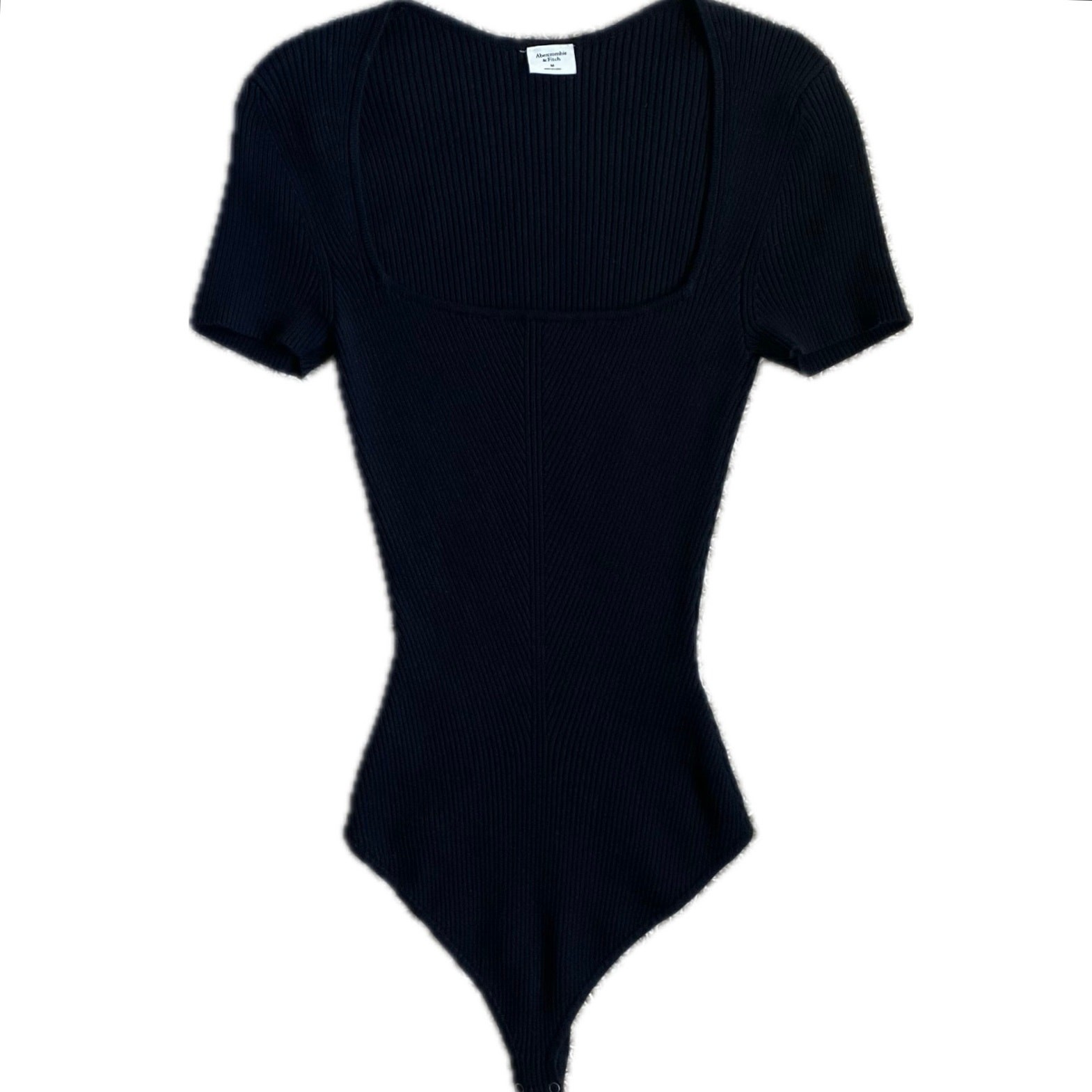 ABERCROMBIE Ribbed Knit Short Sleeve Bodysuit Size M Black Portrait Square Neck