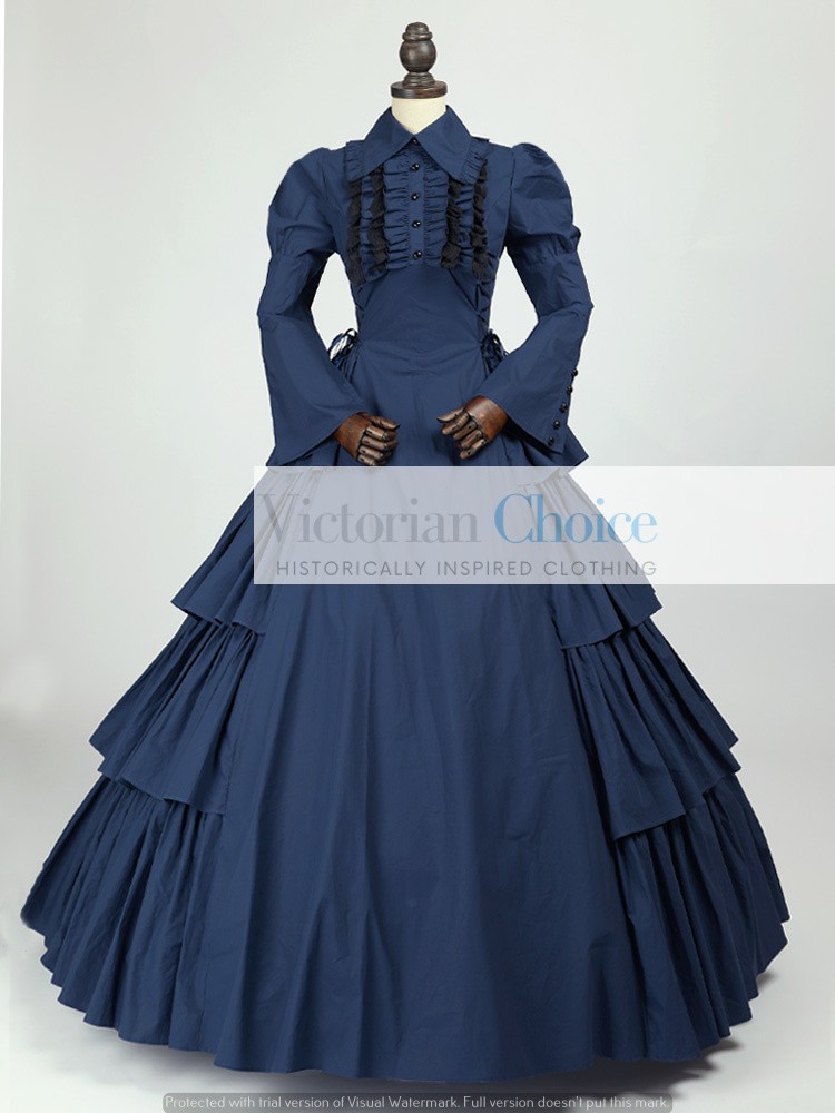 Blue Victorian Gothic Maid Mourning Dress Steampunk Witch Halloween Costume 007