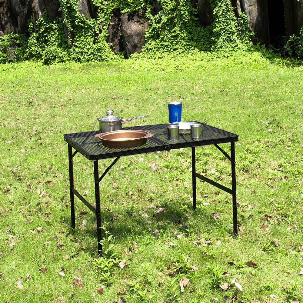 3FT 2-Fold Camping Table with Mesh Desktop Adjustable Height BBQ Grill Table