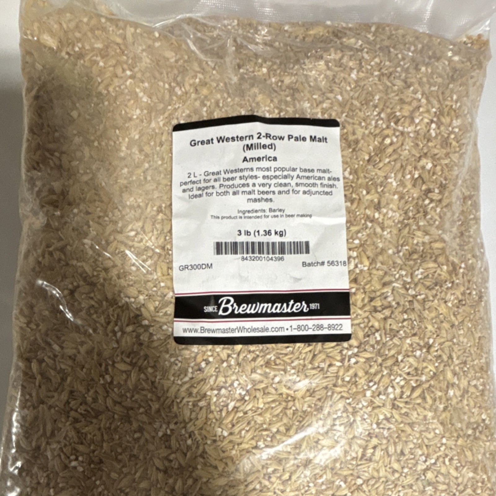 Brewmaster 2-Row Pale Brewing Malt Milled 3 lb Bag GR300DM