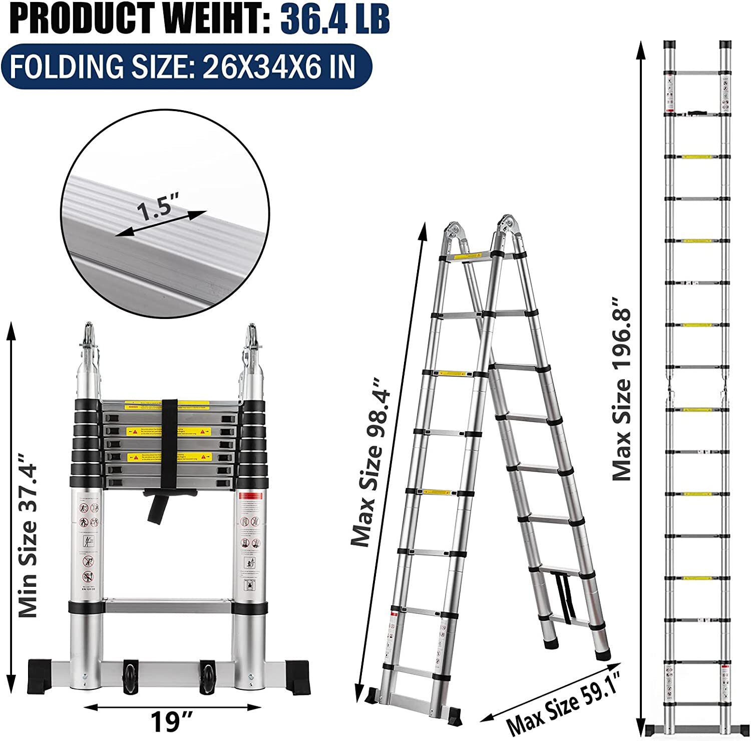 16.5FT Multi Purpose Aluminum Heavy Duty Folding Extension Telescopic Ladder