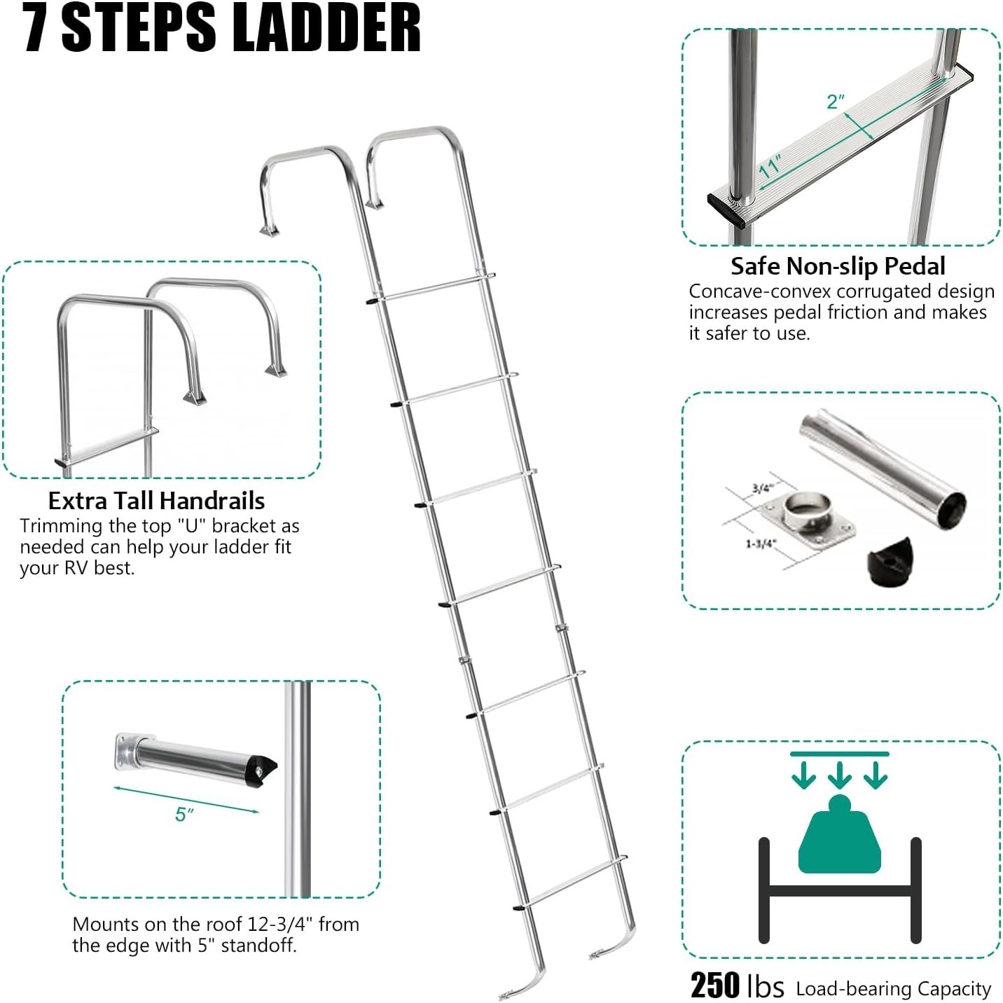 Exterior RV Ladder 7.6FT-8.4FT Travel Trailer Aluminum Black Camper Ladder