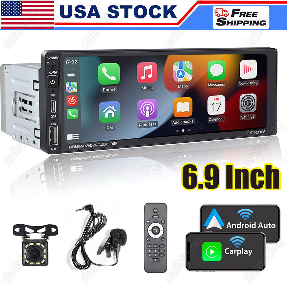 Single Din Car Stereo Wireless Apple CarPlay 6.9 touchscreen Bluetooth Radio USB
