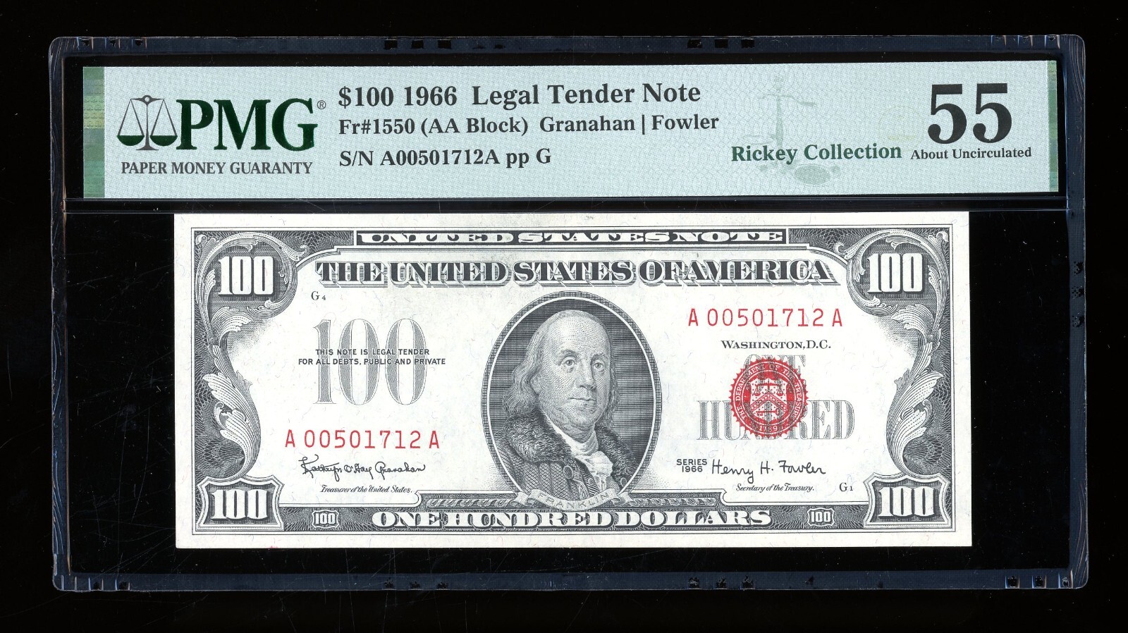 DBR 1966 $100 Legal Fr. 1550 PMG 55 Serial A00501712A