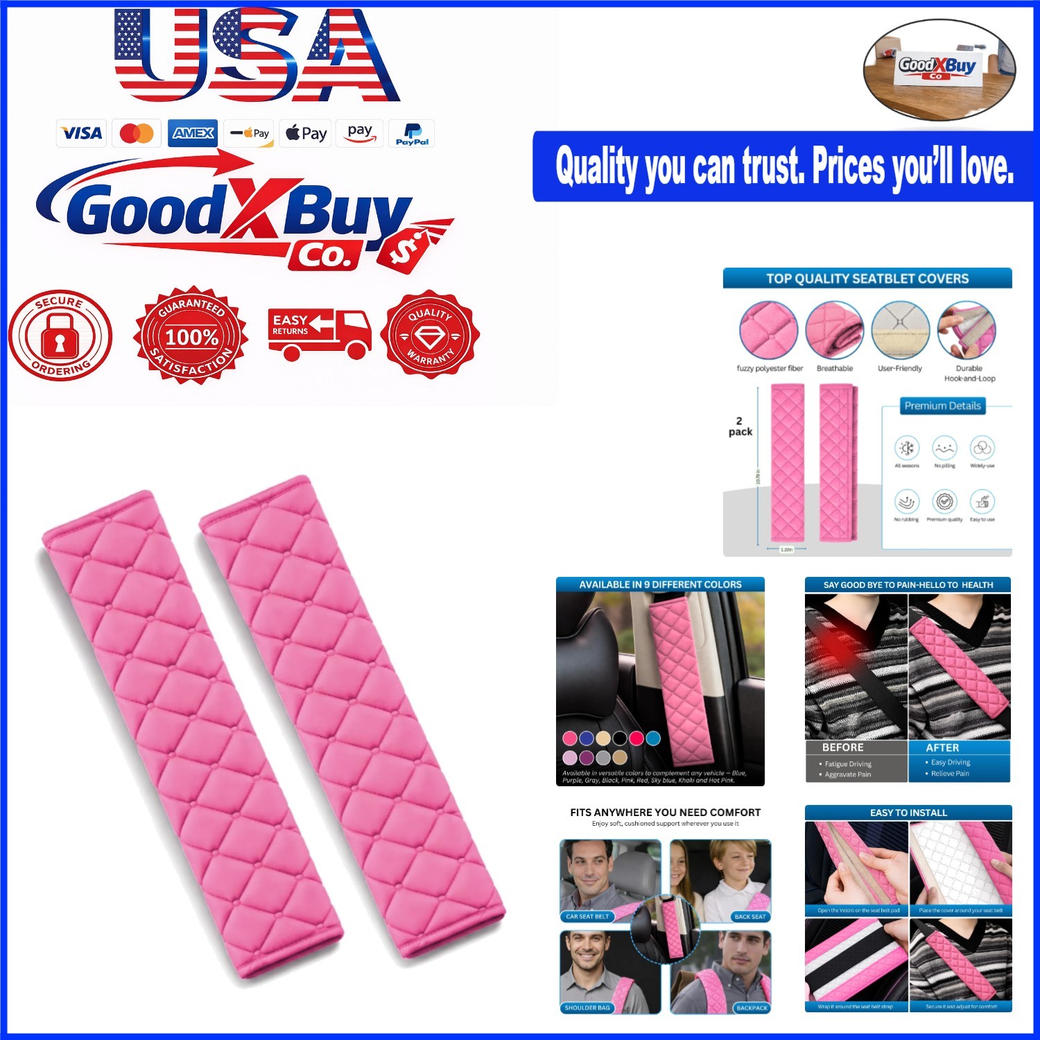 Hot Pink Seat Belt Cover Pads for Car 2 Pack Comfort & Protection for Kids & ...