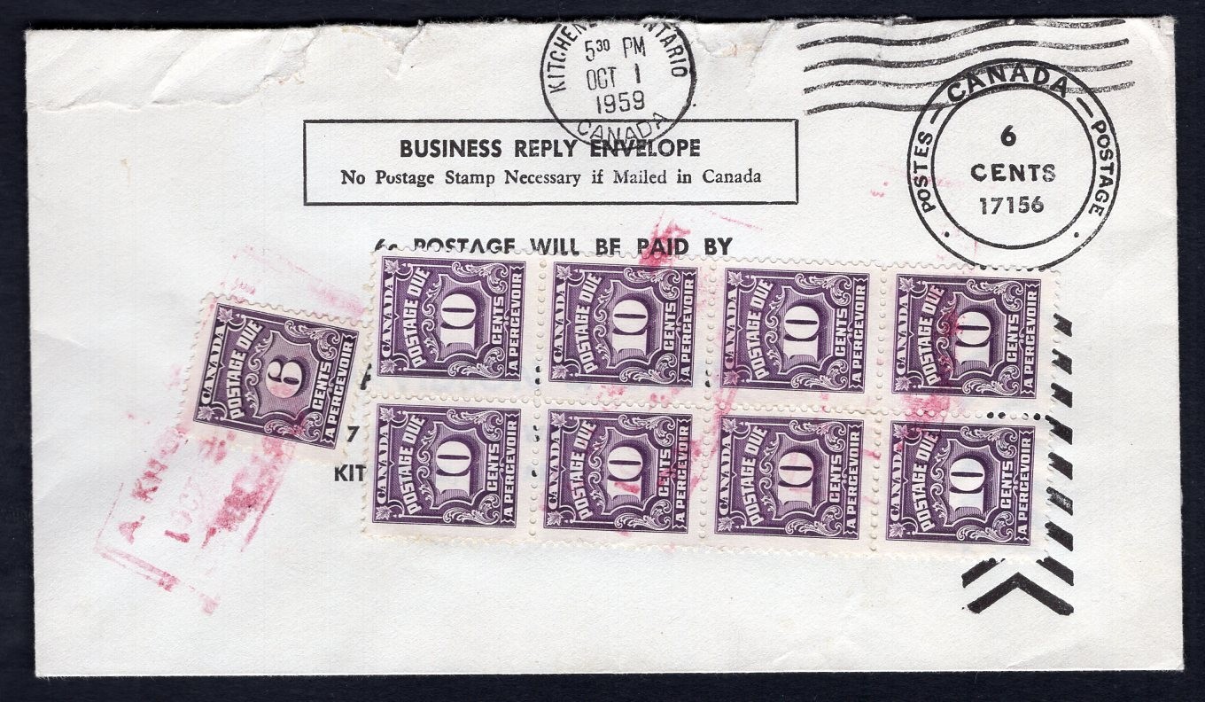 CANADA Kitchener 1959 Business Reply Envelope with Postage Due Multiples; Cover