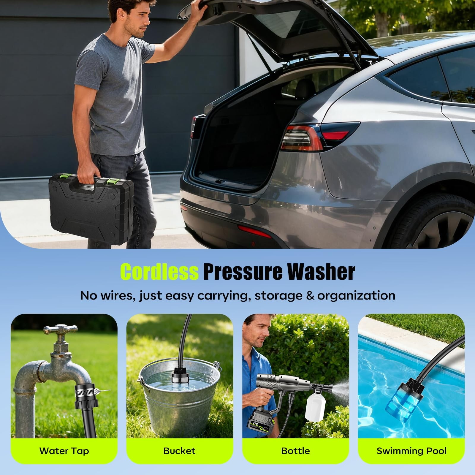 Pistola de Presión Agua 1200 PSI Cordless Car Washer with Hose