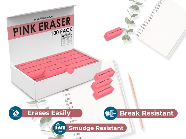 Pink Erasers Bulk - Latex Free - Smudge Resistant - Large Pink Eraser - Big Size