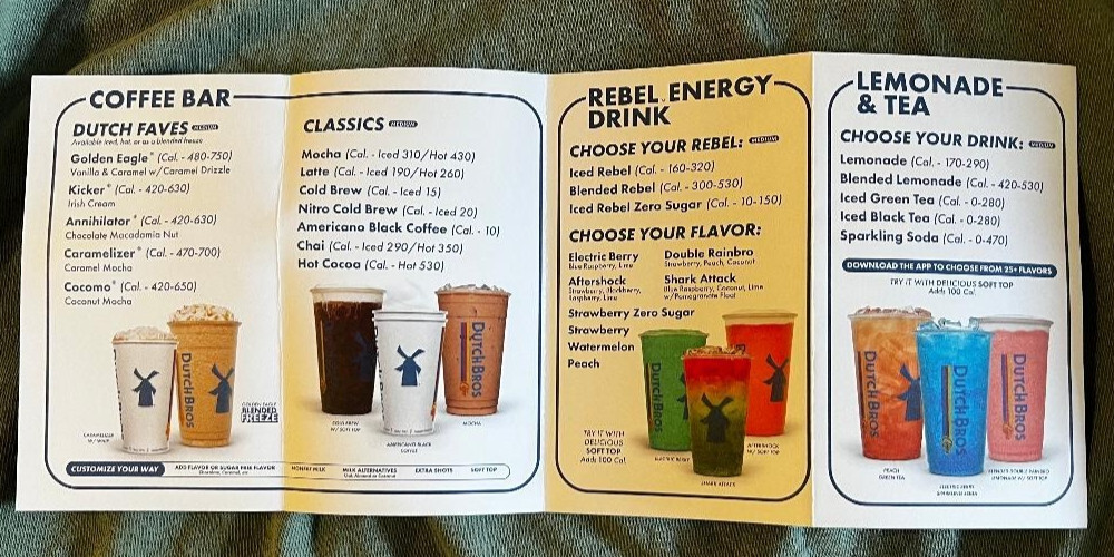 DUTCH BROS POCKET MENU 2025 DRINKS CLASSICS REBEL ENERGY DRINKS TEA LEMONADE