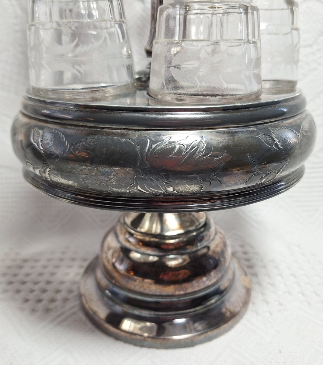 Antique Cruet Set Silver Plate Victorian 5 Etched Bottles Eastlake Design GS