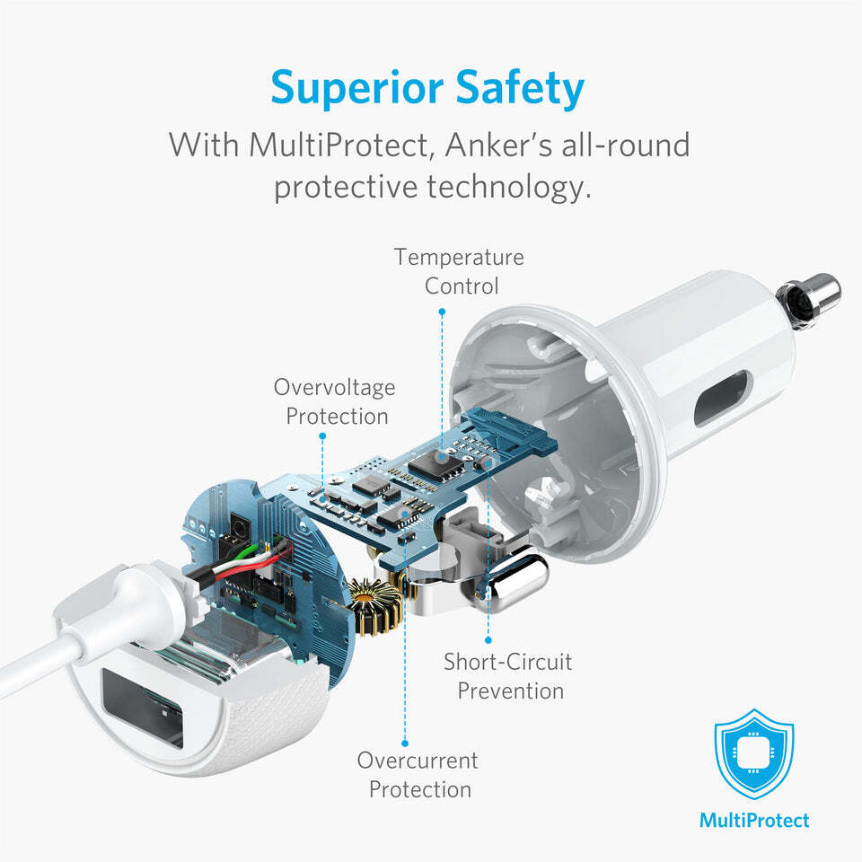 Anker 24W 2-Ports Car Charger Adapter Bulit-in 3ft Lightning Cable MFi-Certified