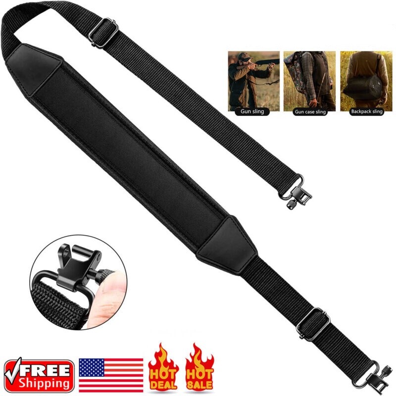 Full Black 2 Point Rifle Gun Sling with Swivels & Neoprene Shoulder Padded Strap