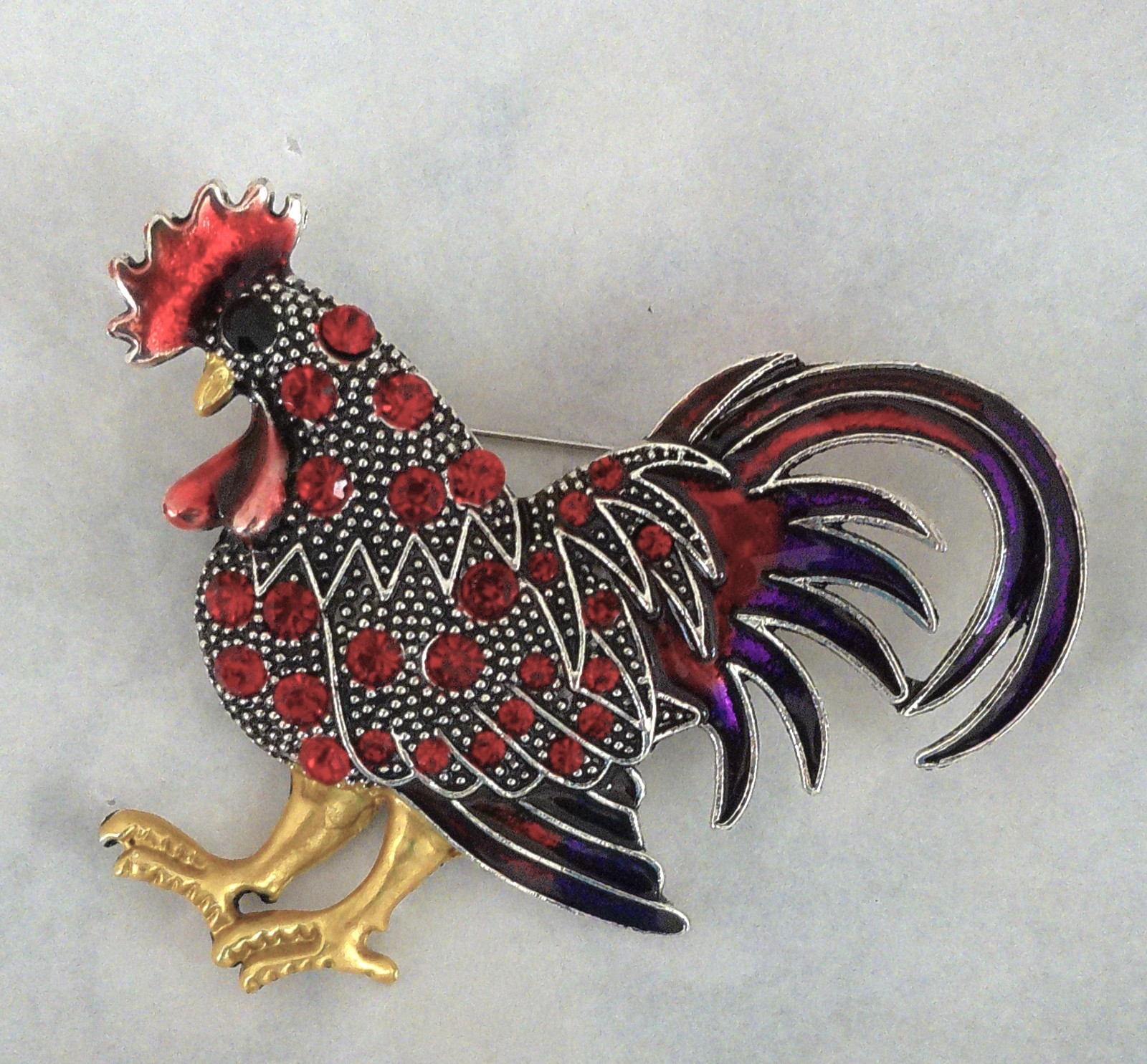New Silvertone Rooster Chicken Red Crystals Multi Enamels as Accents Pin Brooch