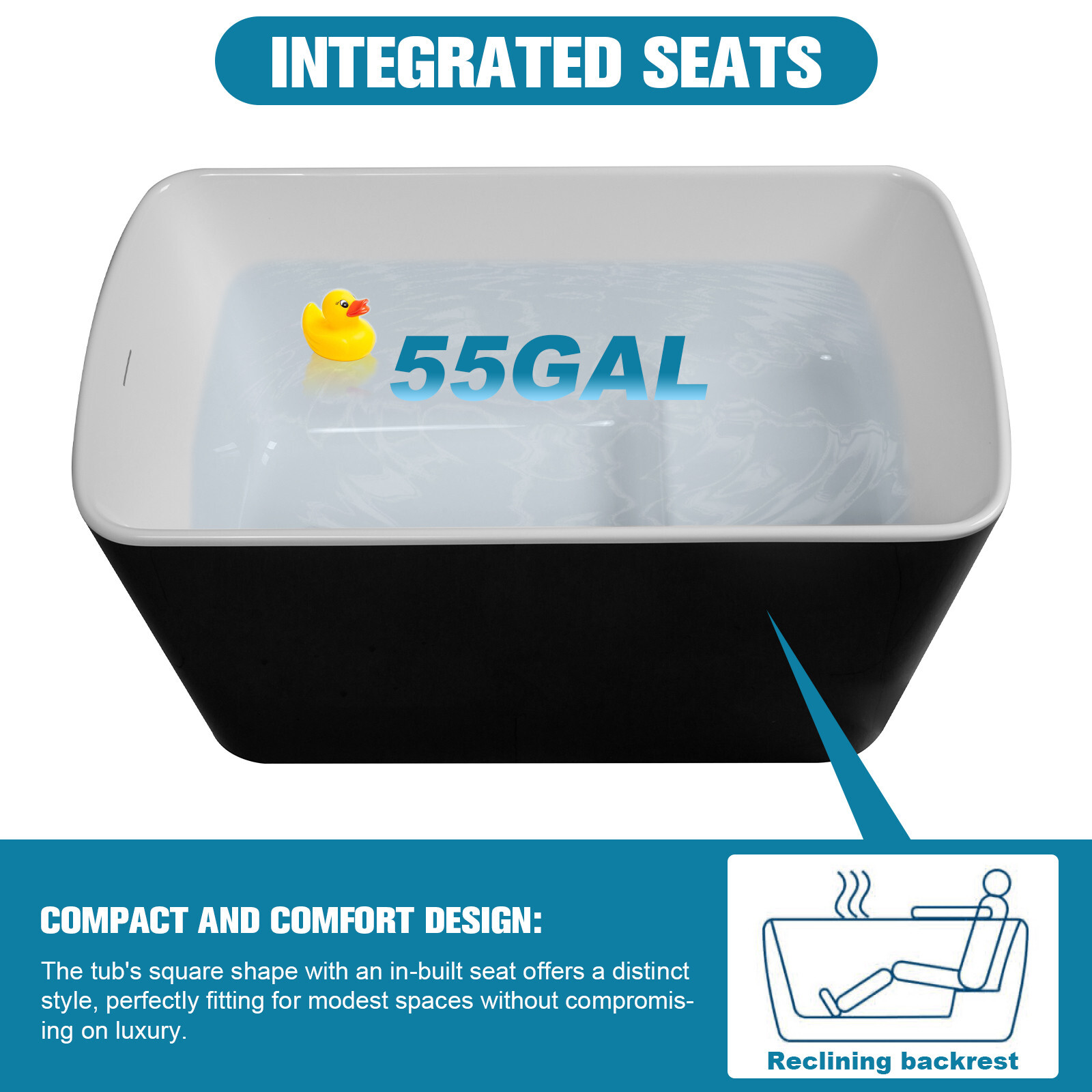 49" Freestanding Bathtub with Integrated Seat, Acrylic Stand Alone Soaking Tub