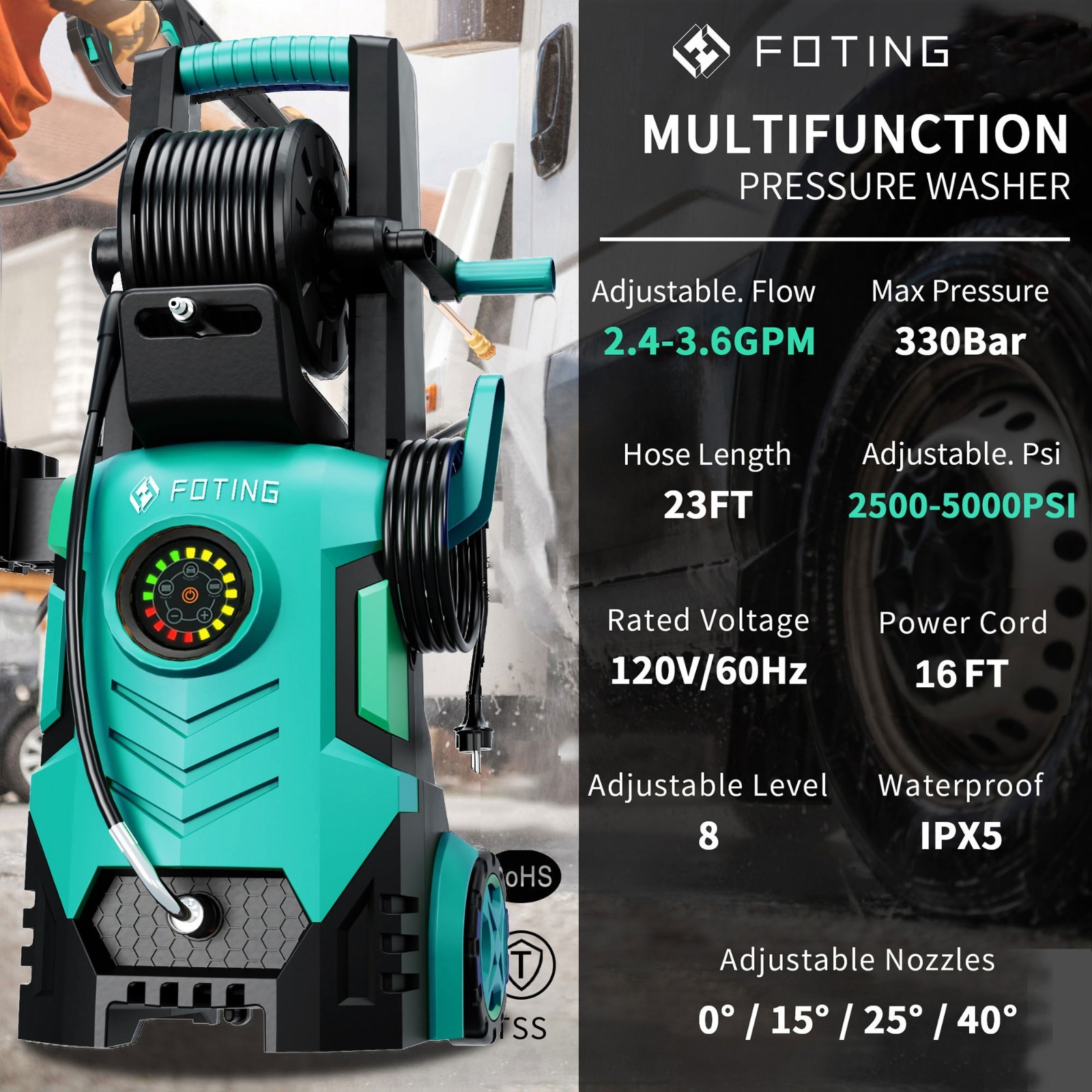 FOTING 5000-PSI, 2.3-3.3 GPM Adjustable Electric Pressure Washer with 4 Nozzles