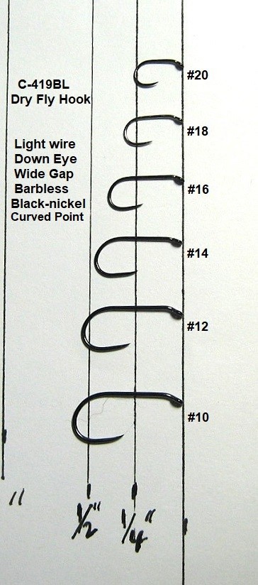 50 DRY FLY Hooks-Light Wire, Barbless, Black-nickel..C-419BL..6 Sizes available