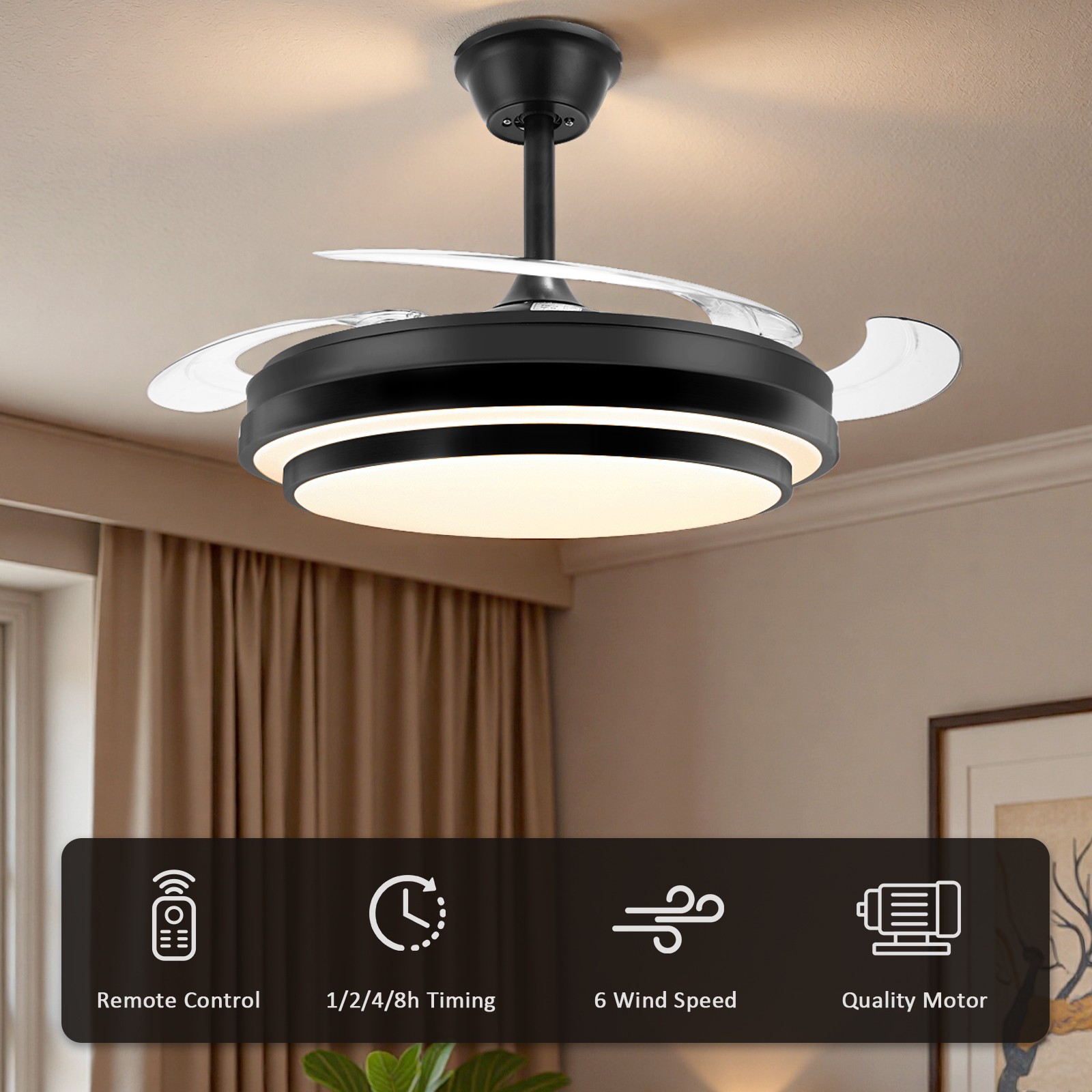 Retractable Ceiling Fan with Light, 42 Inch Fandelier, 6 Speed Reversible Motor