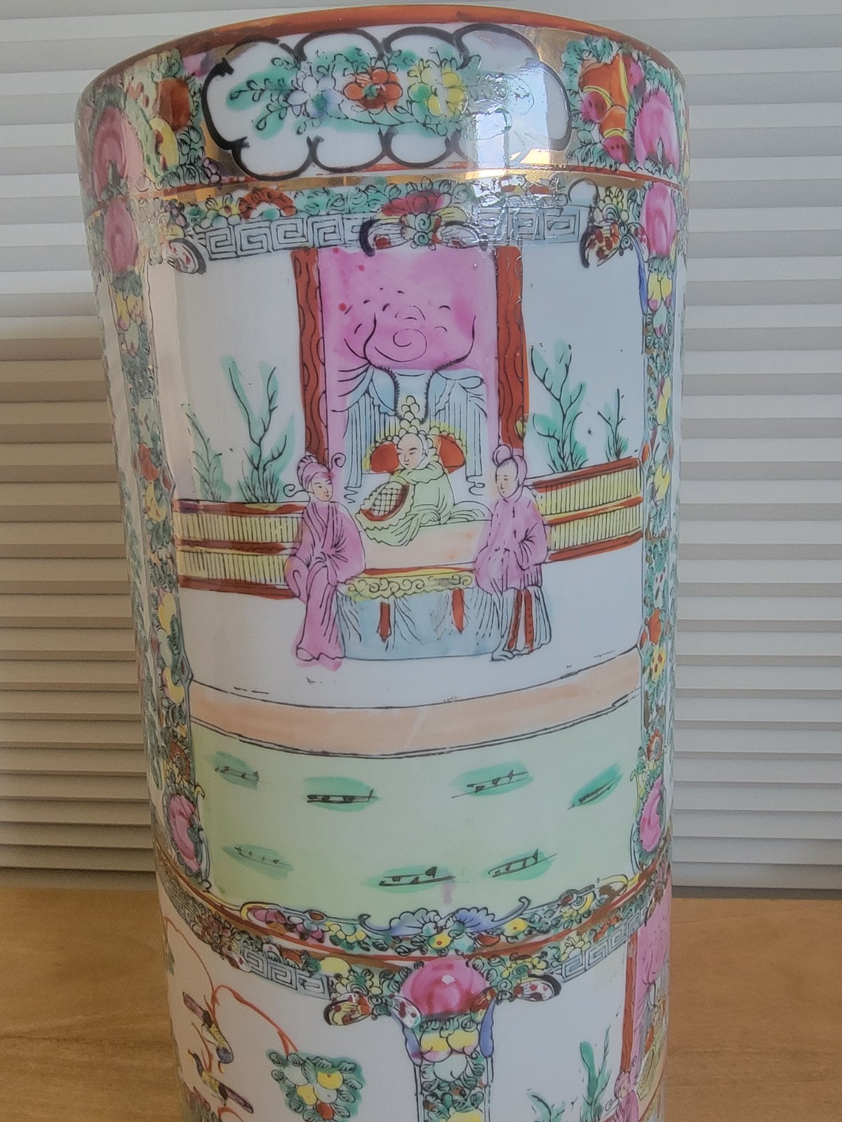 Vintage Porcelain Asian Umbrella Stand Pot Hand Painted 18 3/8" x 8 1/8"