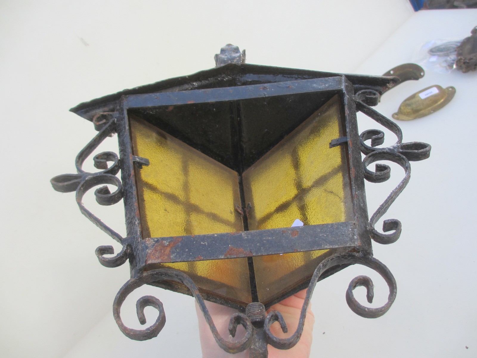 Vintage Wrought Iron Garden Light Shade Yellow Glass Antique Lantern