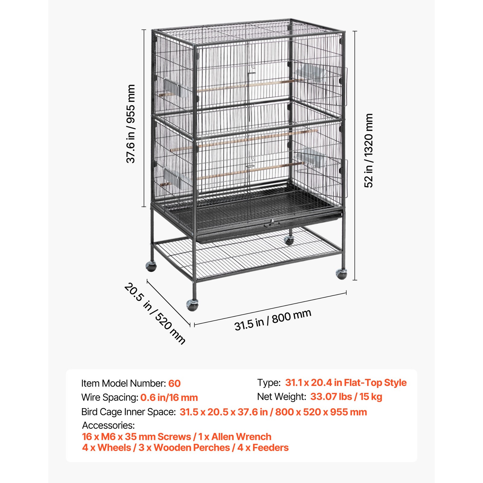 Uimoso Bird Flight Cage 31.5 x 20.5 x 52 inch Wrought Iron with Perches