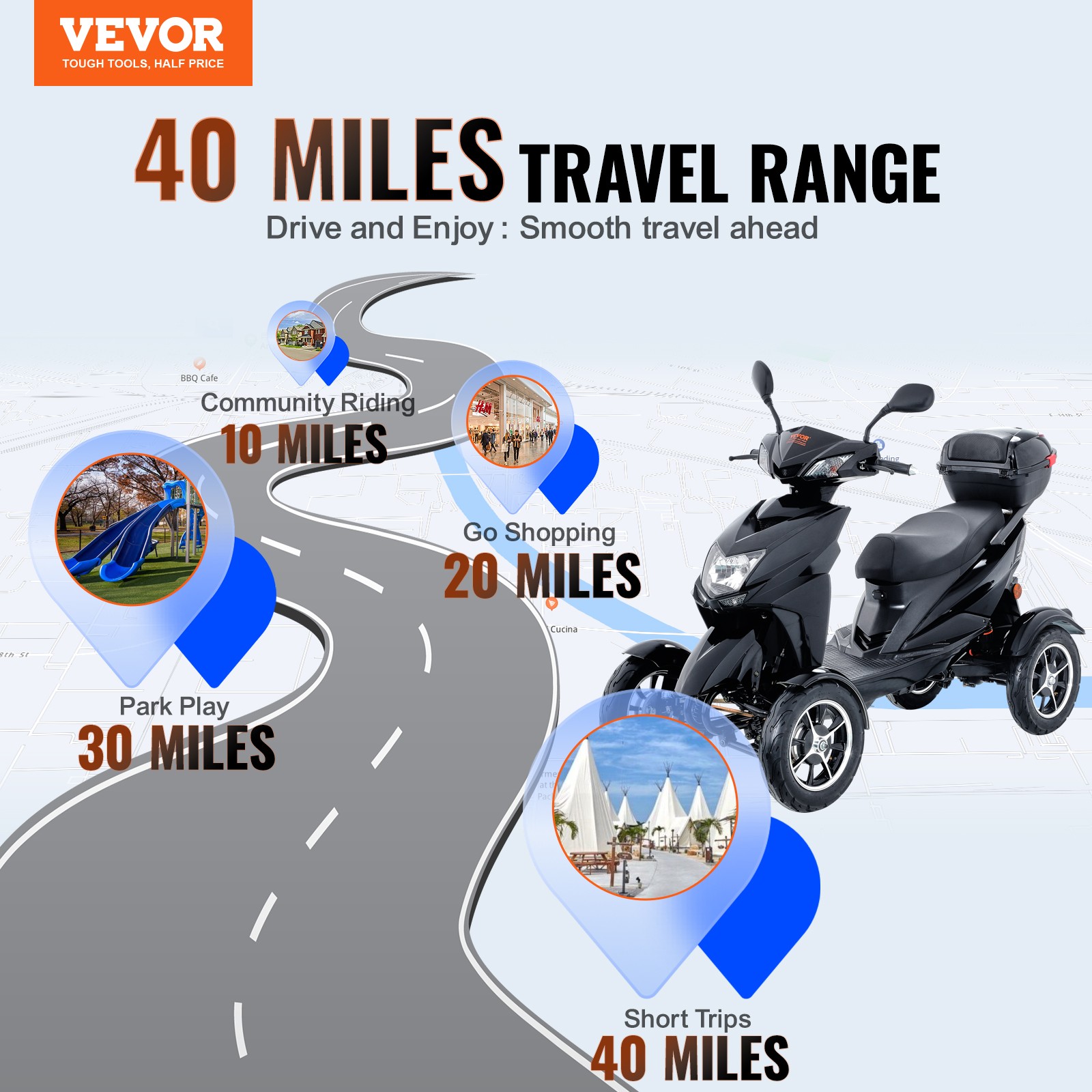VEVOR Heavy Duty 4-Wheel Mobility Scooters 40 Miles 3-Speed 500W 450lbs Capacity