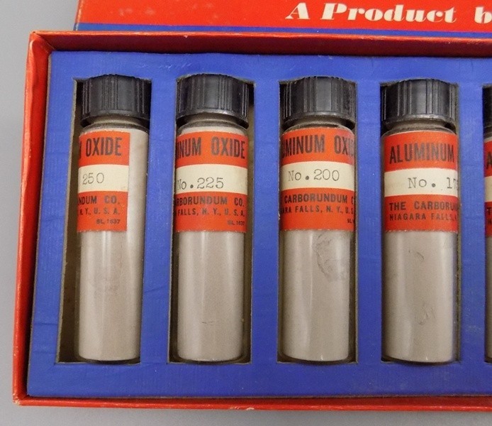 Carborundum Optical Finishing Powder Abrasive ALO Aluminum Oxide 8 Bottles Vtg