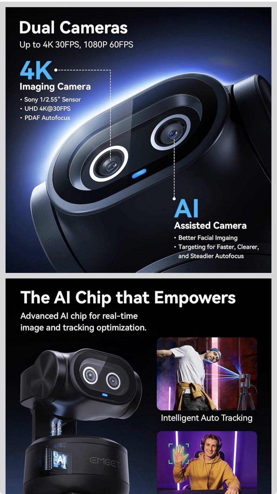 EMEET PIXY 4K AI Dual-Camera Webcam with Gesture Control & Tracking. New Sealed