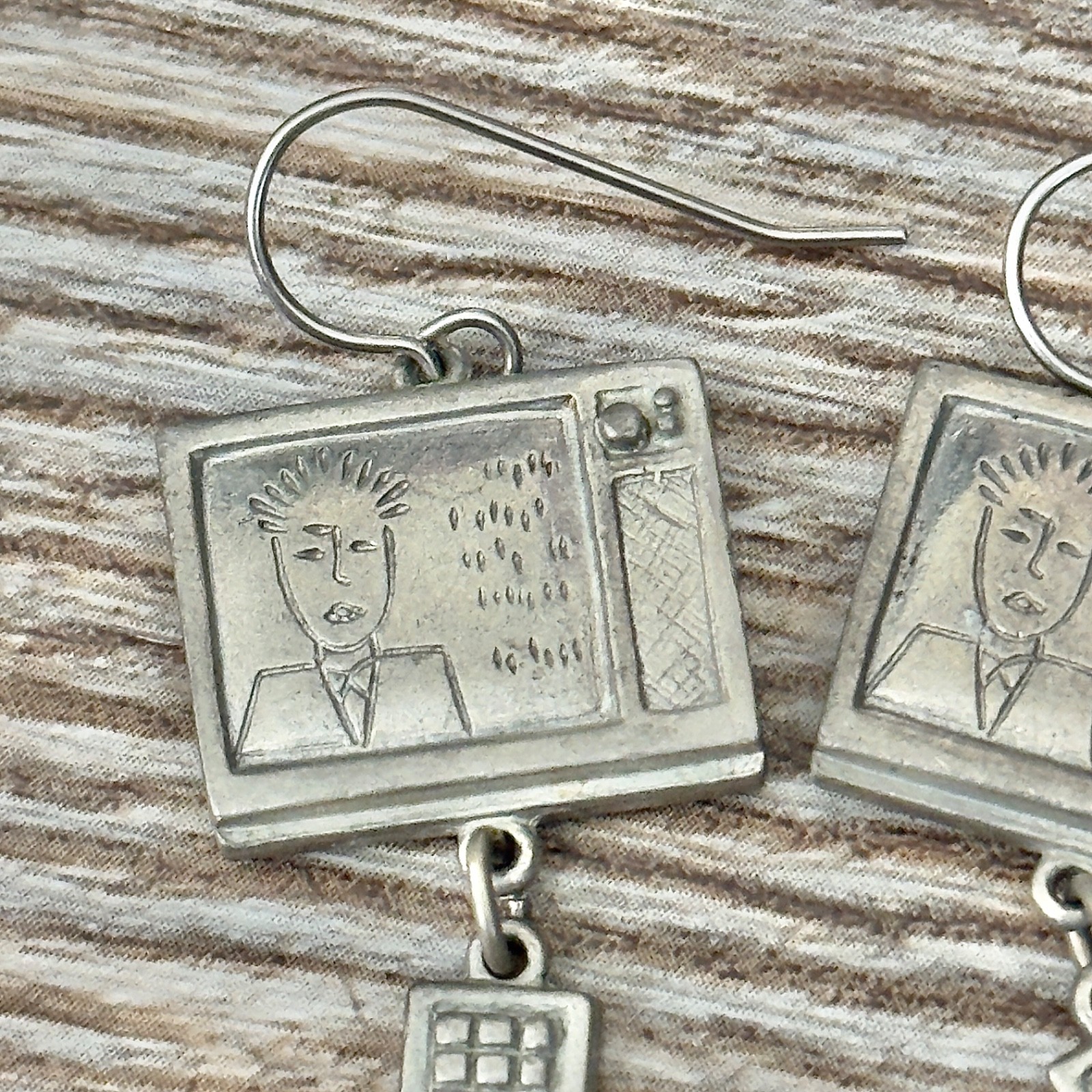 Vintage Jim Clift Dangle Earrings TV Television & Remote Pewter