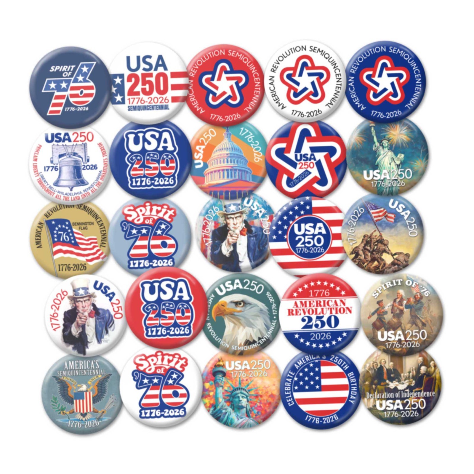 USA 250 - 25-pack Buttons - Revolution Assorted Designs 1776-2026 250th