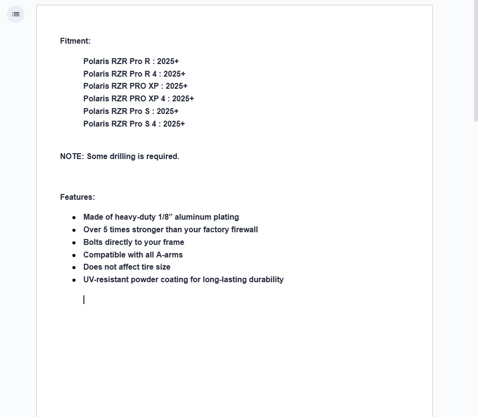 Assault industries Inner fender Guards For Polaris RZR Pro R, S, XP 2025+