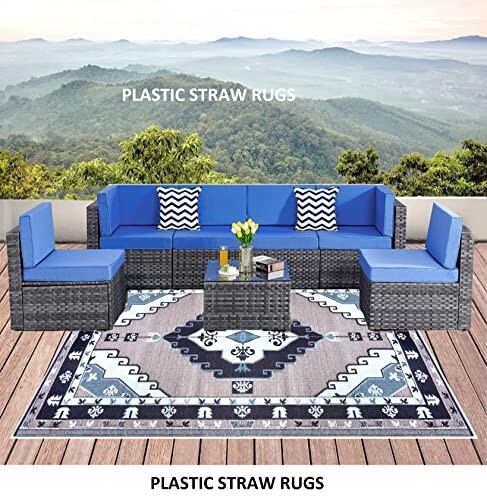Outdoor rug 6x9 Reversible patio Plastic Straw mat RV Camping picnic used4photos