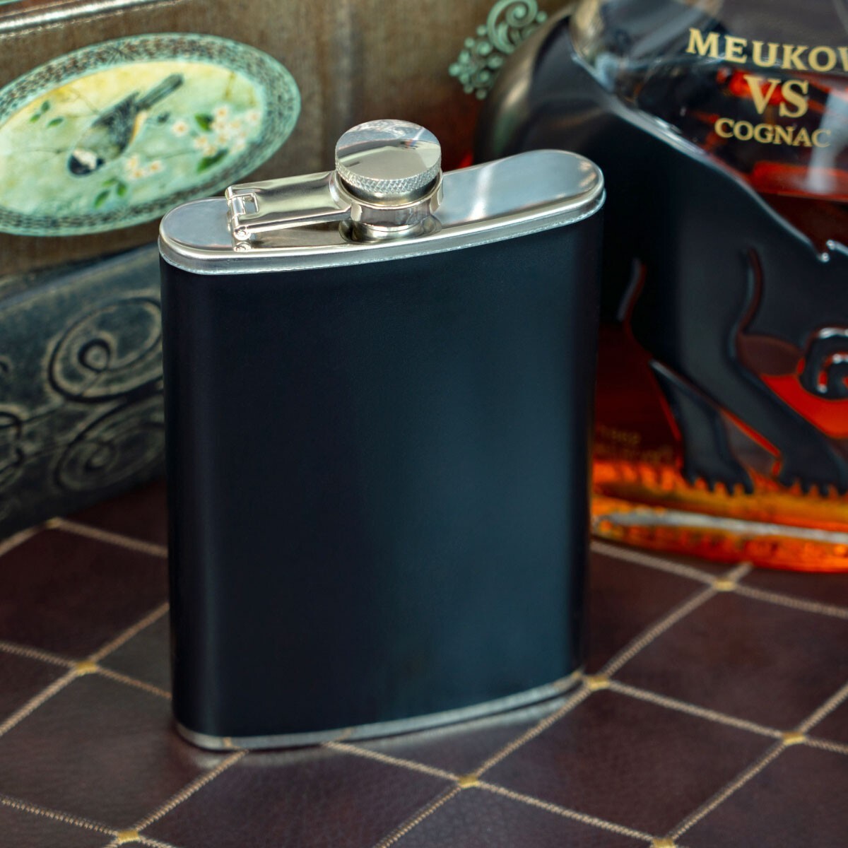 8oz Flask Black Vegan Leather Wrap Stainless Steel Attached Screw Cap Hip Pocket