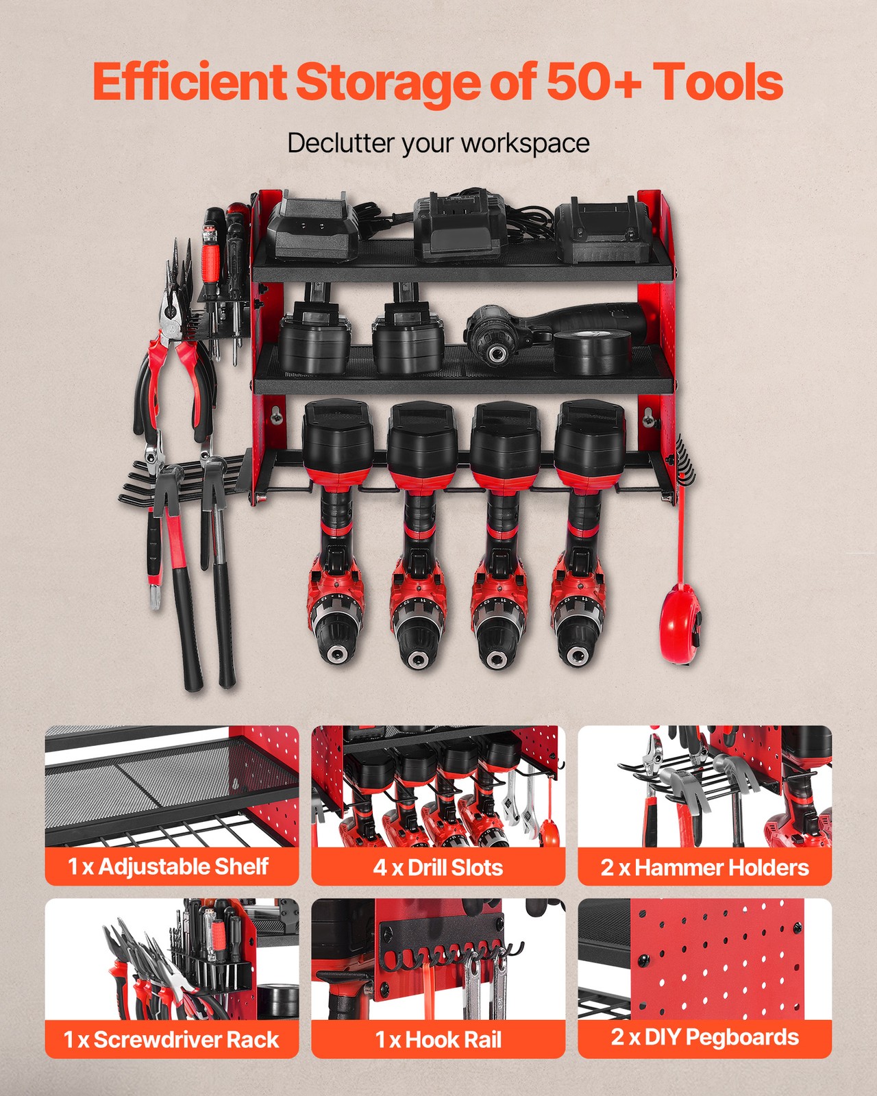 VEVOR Power Tool Organizer Wall Mount 3-Layer Drill Storage Rack 4 Drill Holders