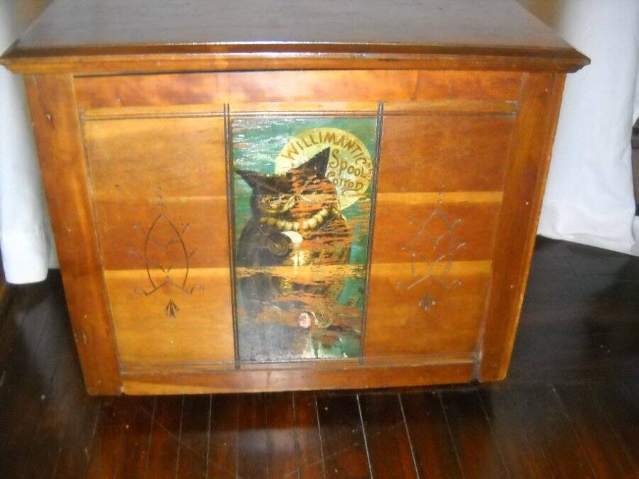 1890 Willimantic 6 Drawer Spool Cabinet Cherry & Birdseye Maple Owl Logo Decal