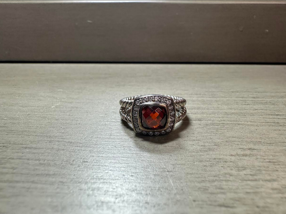925 SILVER DAVID YURMAN 7MM PETITE ALBION RING WITH GARNET STONE AND DIAMONDS