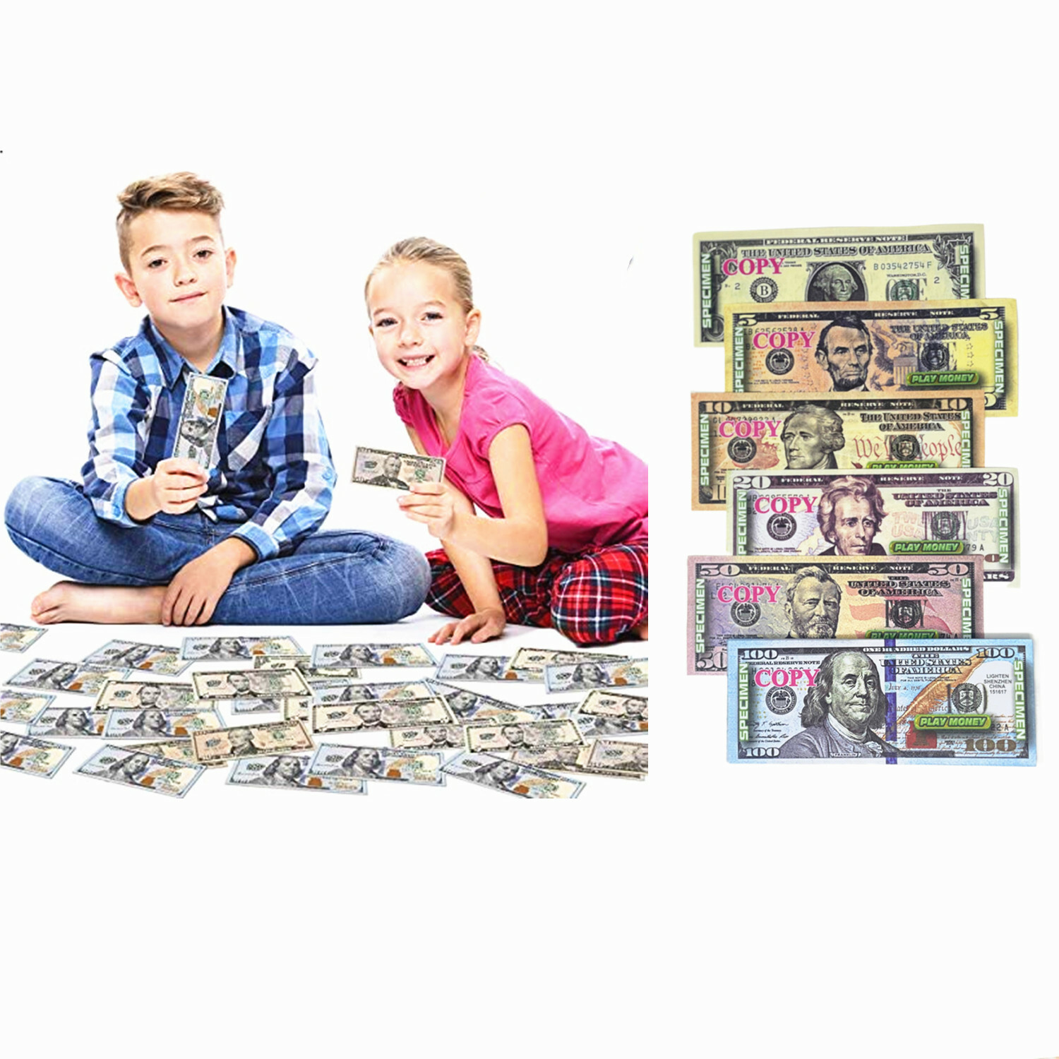240 PC Educational Play Money Set, Print 1 Side - Bills of 1, 5, 10, 20, 50, 100