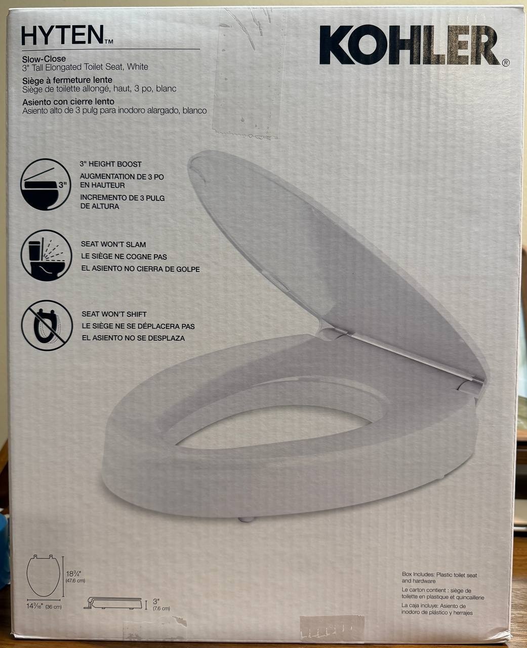 KOHLER 25875-0 Hyten 3" Elevated Toilet Seat: Soft Close, Elongated, White