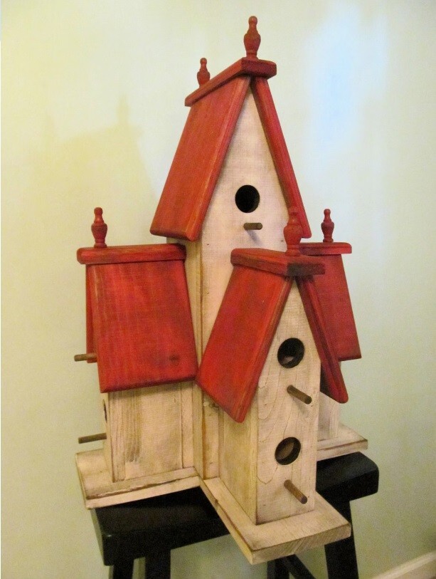Large Red Manor Birdhouse Weathered Country Cottage Indoor Outdoor Distressed