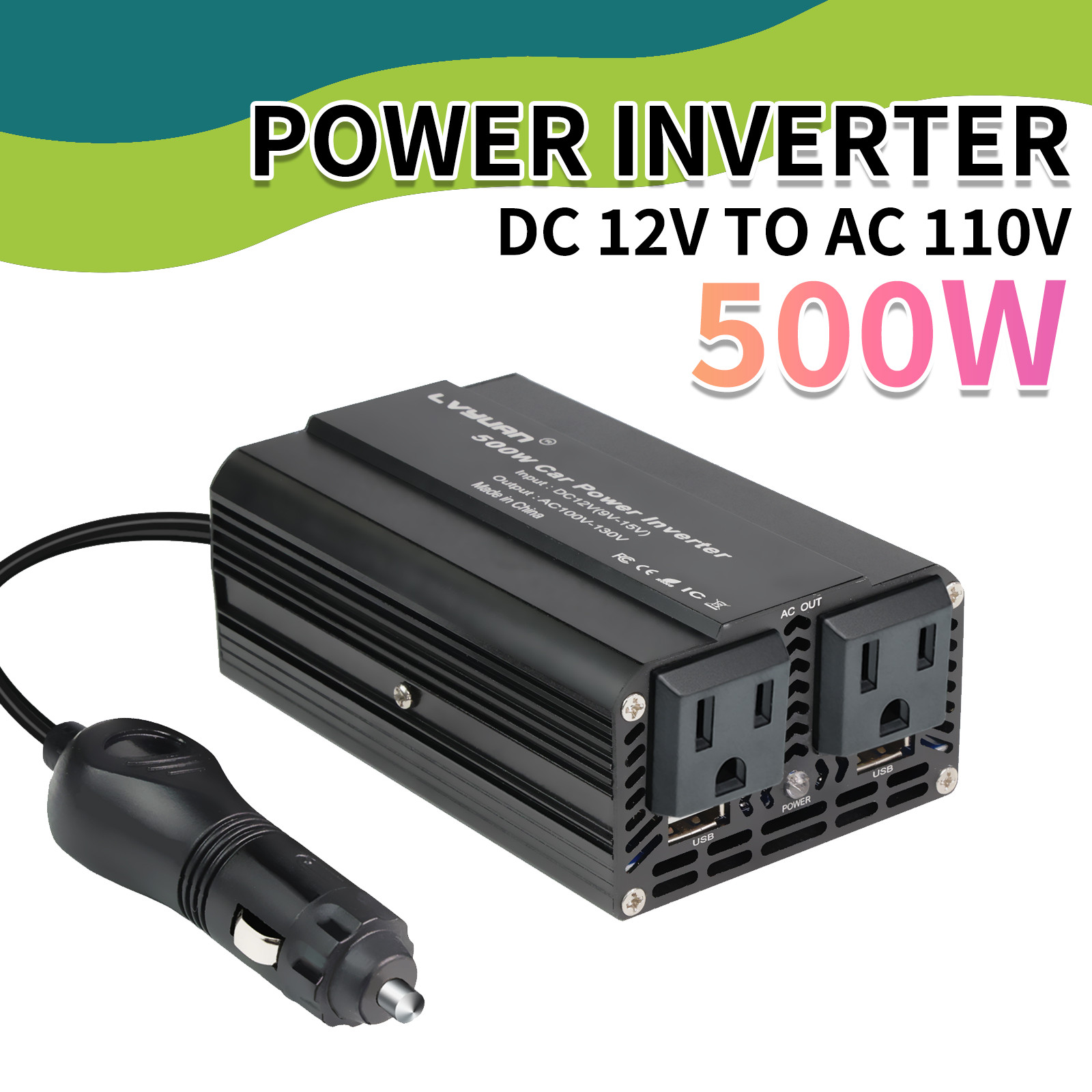 500W Power Inverter DC 12V to 110V AC Car Plug Adapter Outlet Converter for Car