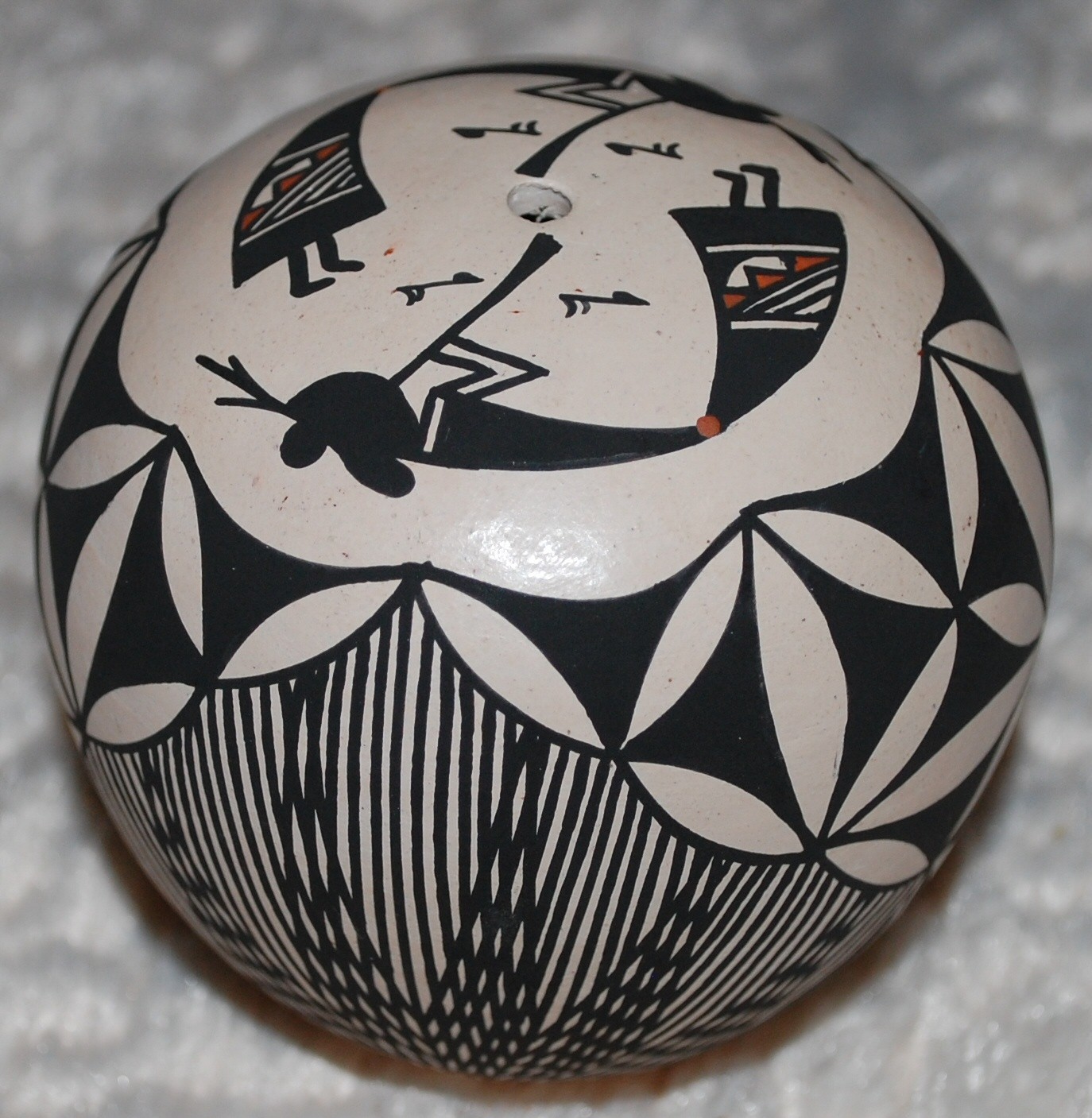 Acoma Seed Jar, Fine Line paint w/ Kokopelli-3.25 tall-3.25 diameter-V. Seymour