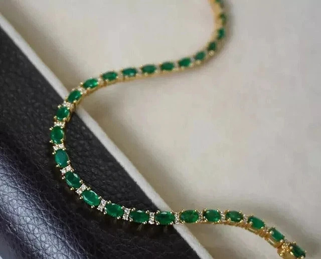 Natural Green Emerald 6Ct Oval Cut Tennis Bracelet 14K Yellow Gold Plated Silver