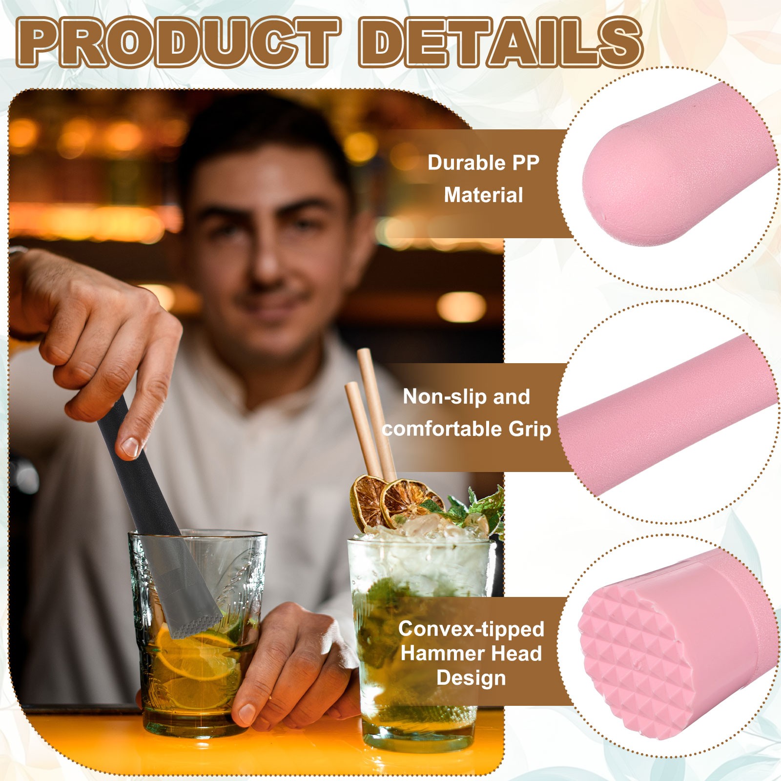 Cocktail Muddler, 8 Inch PP Drink Muddler, Pink (Thick)