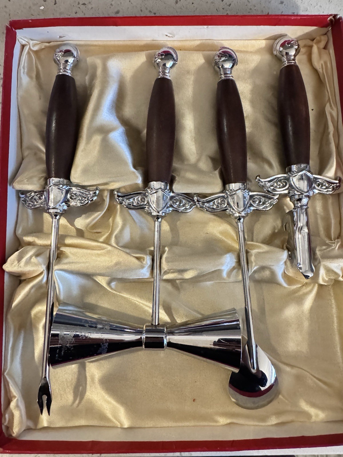 Vntg PAC Knight Bar Set – Sword Handle Bar Tools + Jigger – Original Box