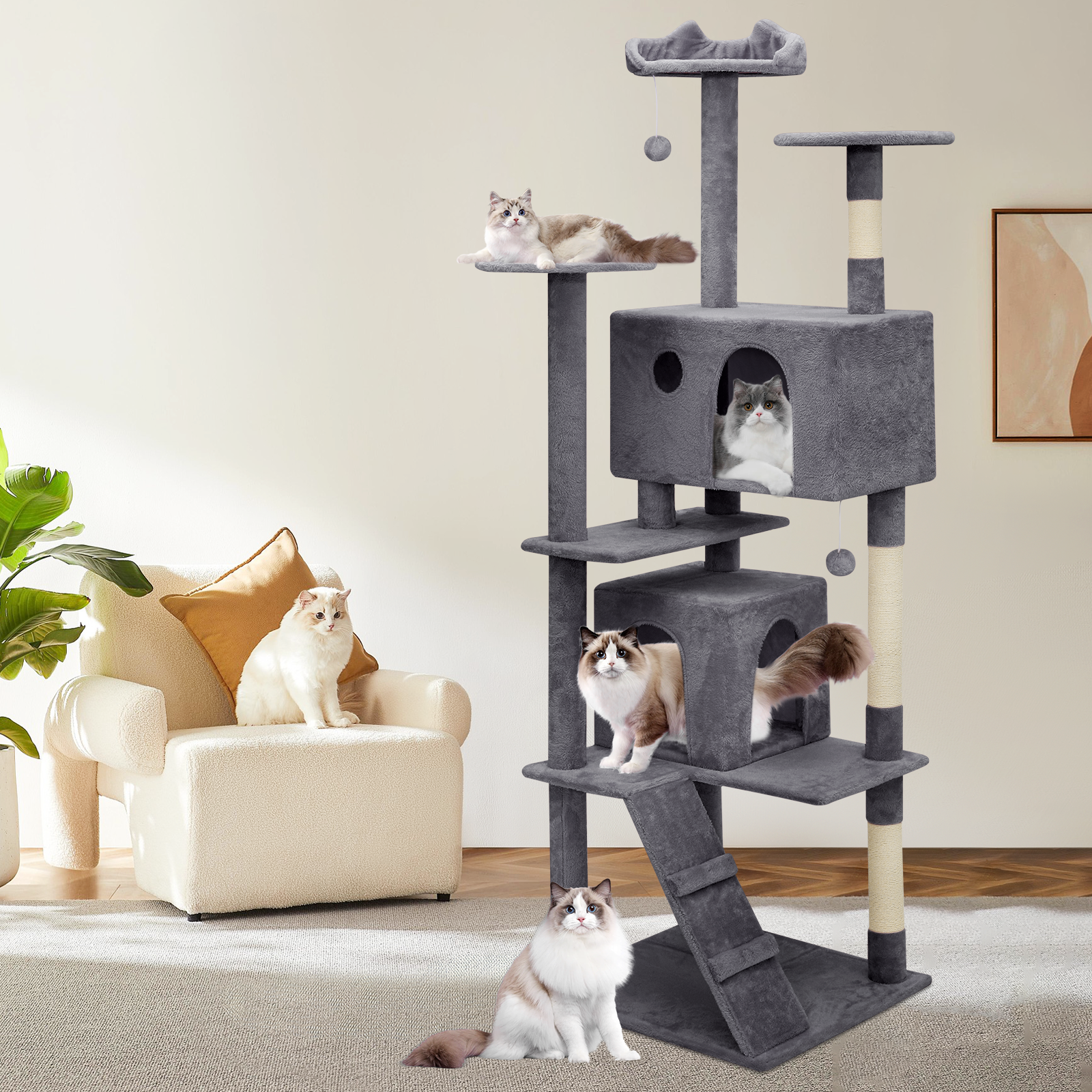 Cat Tree Cat Tower Large Kitten Playing Condo House 77" Multi-level Tipping Rope